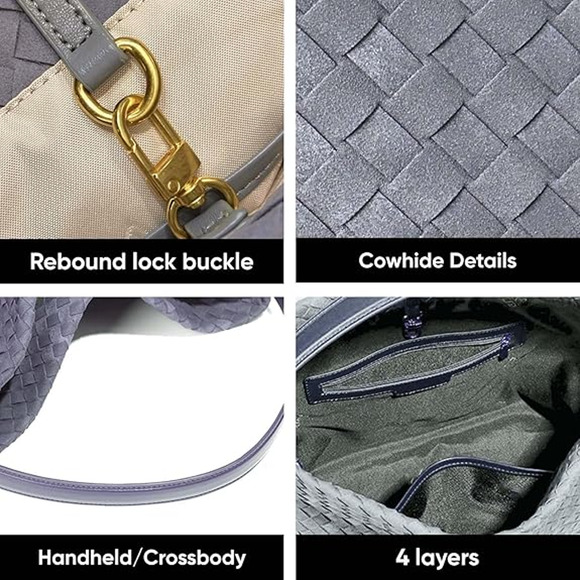 Women's Braided Suede Leather Hobo Tote Y2K Woven Slouchy Purse w/Dust Bag Grey - Picture 5 of 5